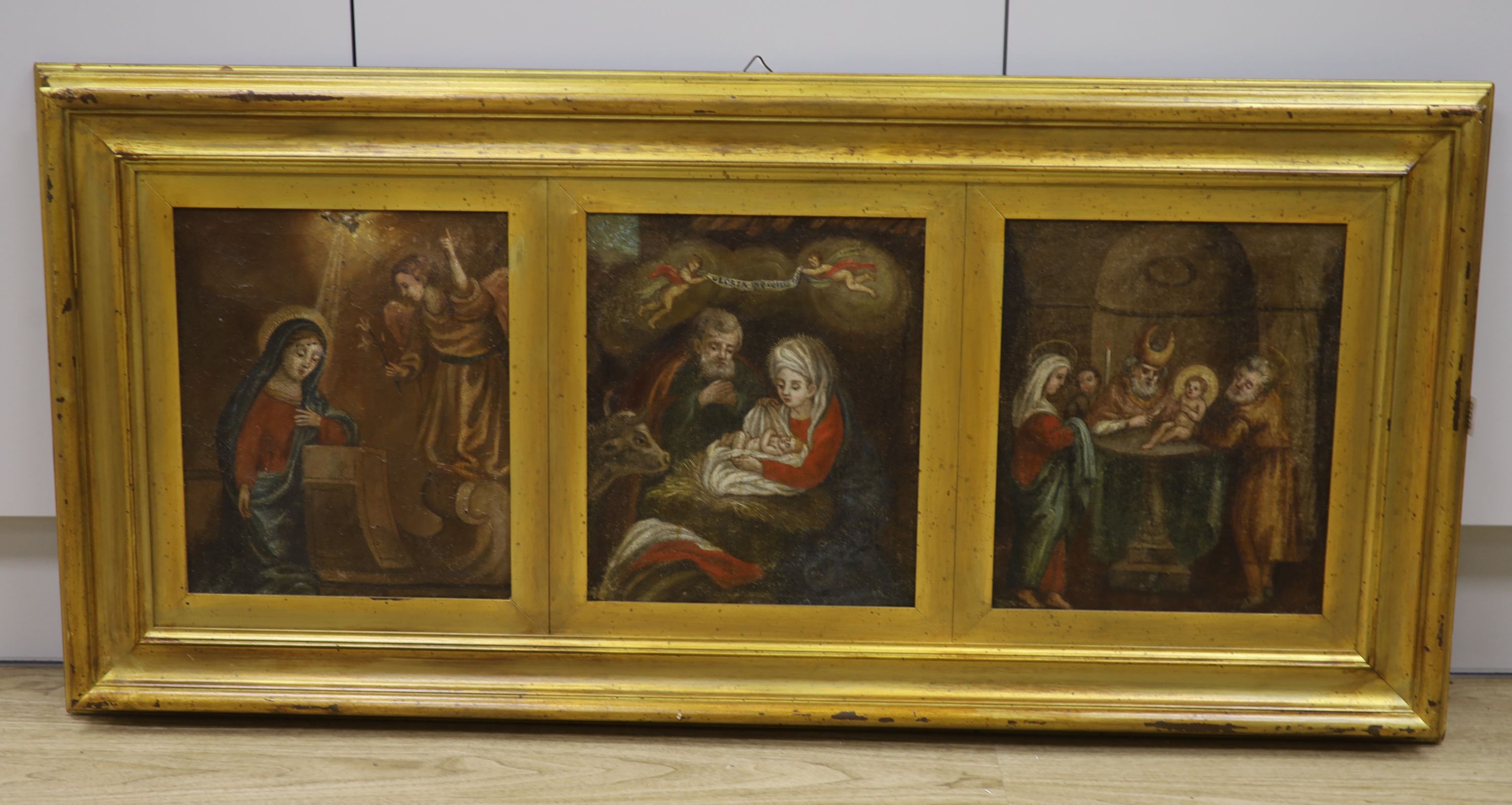 19th century European school, a triptych of Christian narratives, oil on canvas, individually measuring 31 x 26 cm, presented as one in a later gilt frame